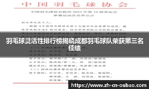 羽毛球灵活性排行榜揭晓成都羽毛球队荣获第三名佳绩
